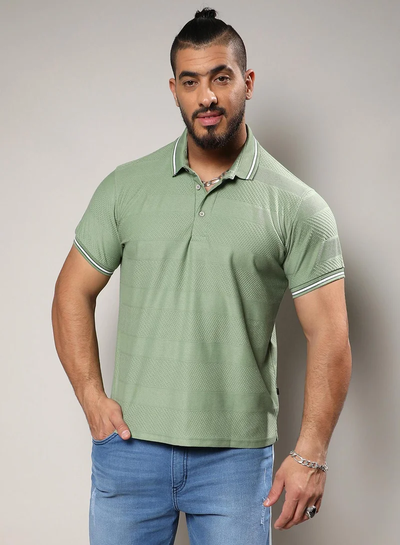 Instafab Plus Men's Olive Green Self-Design Horizontal Striped T-Shirt